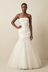 Mermaid Satin Strapless Pleated Wedding Dress in White - KISS BRIDAL Wedding Dresses