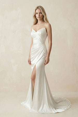 Mermaid Satin Sweetheart Mermaid Wedding Dress With Slit in White - SHE IS ME Wedding Dresses