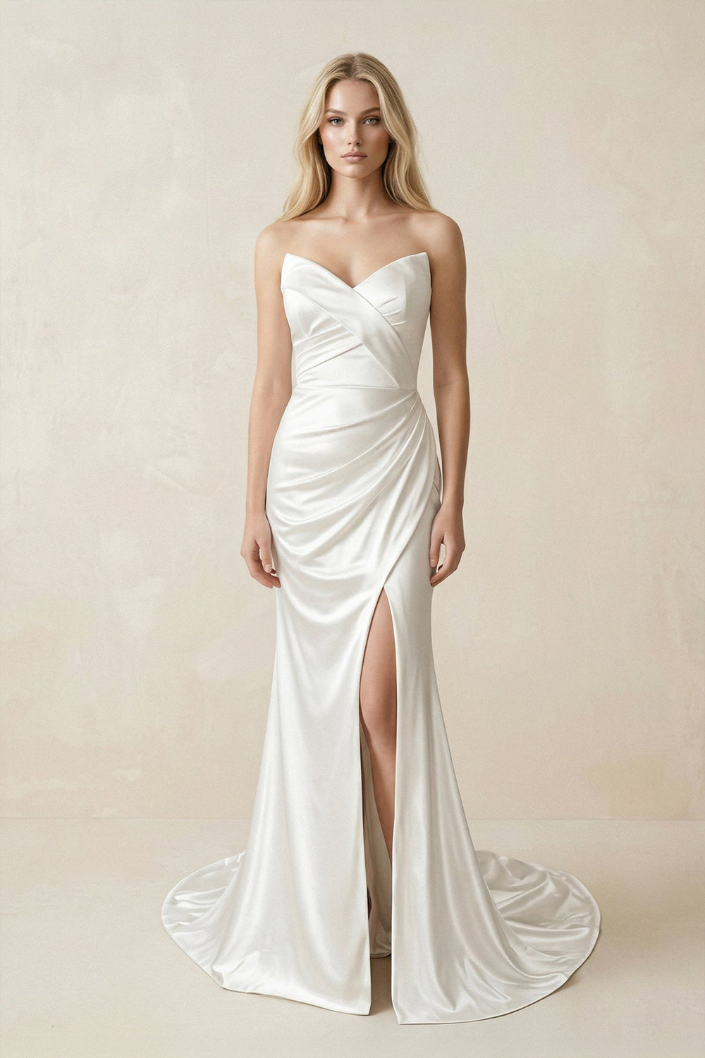 Mermaid Satin Sweetheart Mermaid Wedding Dress With Slit in White - KISS BRIDAL Wedding Dresses