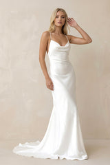 Mermaid Satin White Spaghetti Straps Wedding Dress - KISS BRIDAL Wedding Dresses
