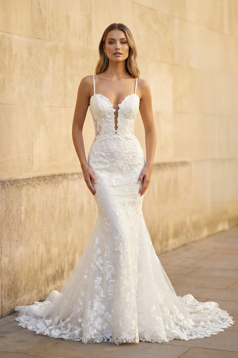 Mermaid Spaghetti Straps Lace Wedding Dress in White - SHE IS ME Wedding Dresses