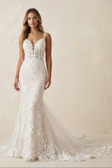 Mermaid Spaghetti Straps Lace Wedding Dress in White and Nude - KISS BRIDAL Wedding Dresses