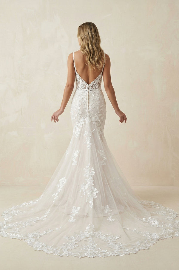 Mermaid Spaghetti Straps Lace Wedding Dress in White and Nude - SHE IS ME Wedding Dresses