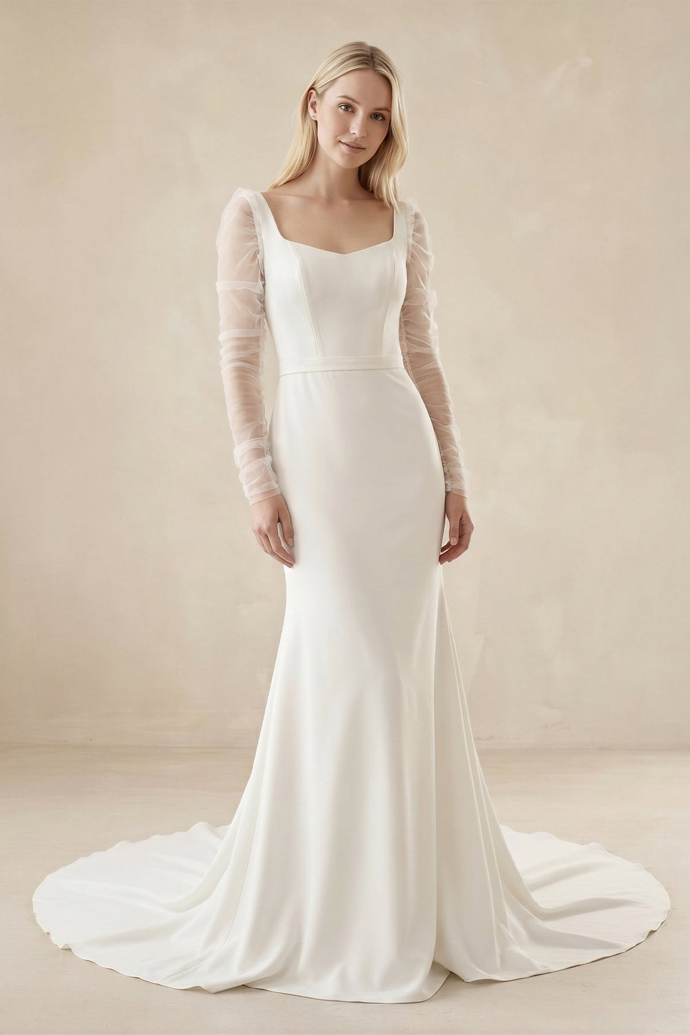 Mermaid Square Neck Long Sleeves Satin Wedding Dresses - KISS BRIDAL Wedding Dresses