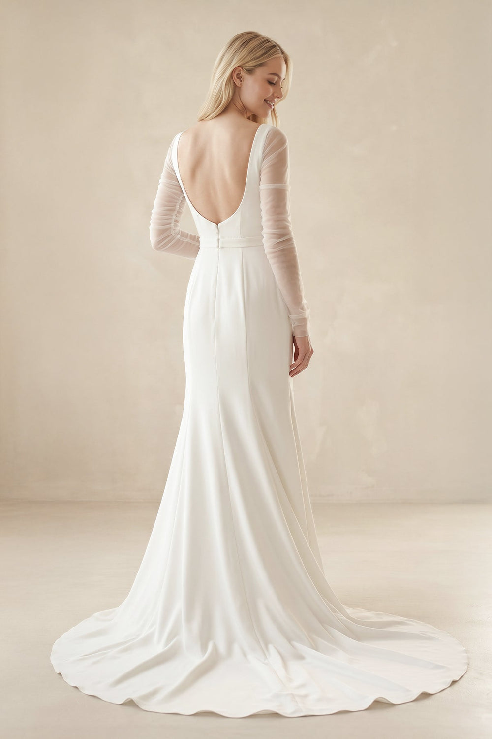 Mermaid Square Neck Long Sleeves Satin Wedding Dresses - KISS BRIDAL Wedding Dresses