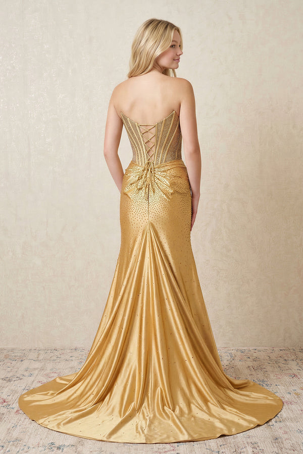 Mermaid Strapless Beaded Maxi Dress With Slit in Gold - SHE IS ME PROM DRESSES