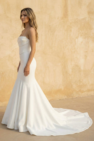 Mermaid Strapless Satin Wedding Dress in White - KISS BRIDAL Wedding Dresses