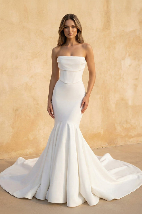 Mermaid Strapless Satin Wedding Dress in White - KISS BRIDAL Wedding Dresses