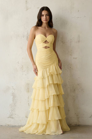 Mermaid Sweetheart Ruffled Maxi Dress With Cutout in Yellow - SHE IS ME PROM DRESSES