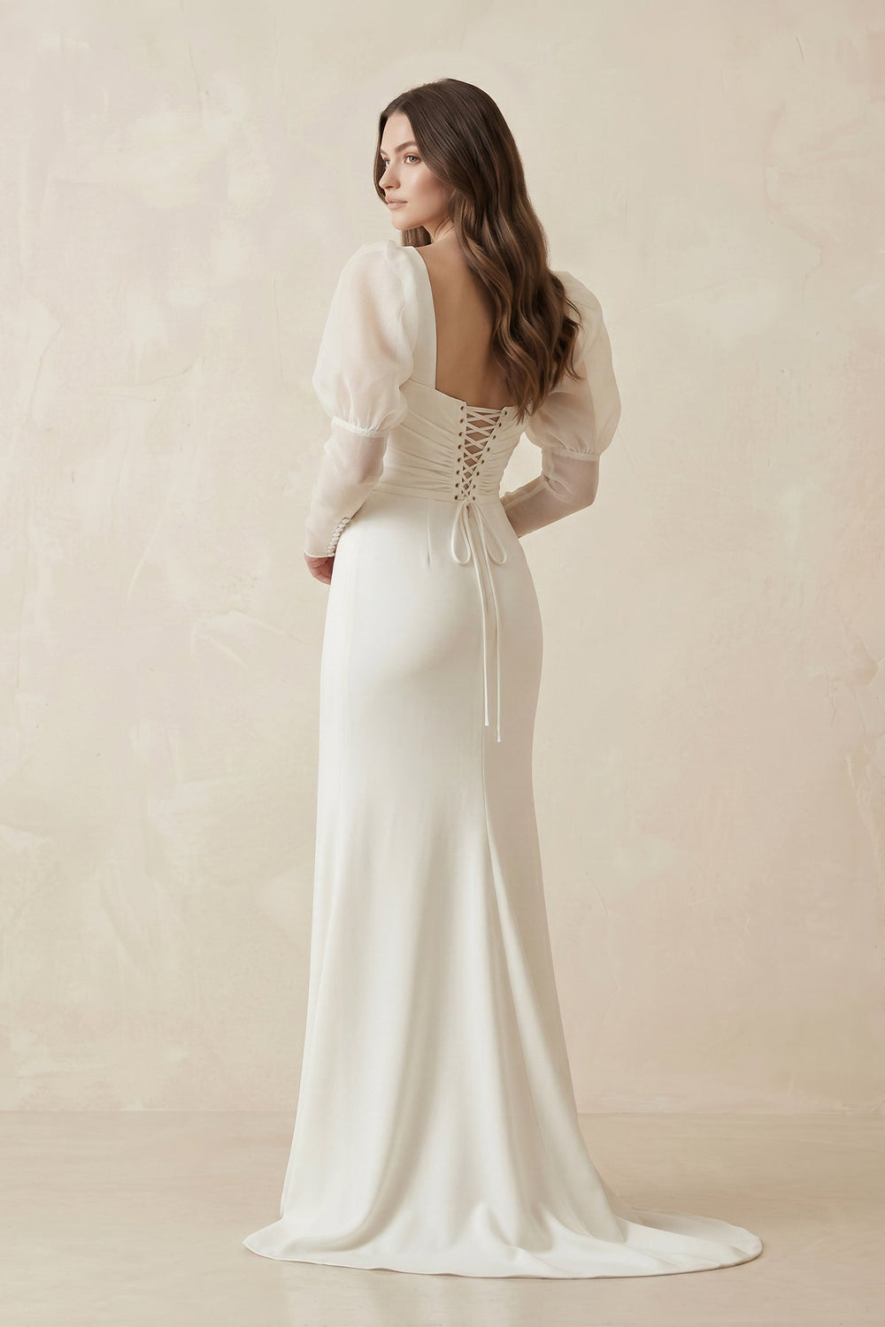 Mermaid Sweetheart Satin Long Sleeves Corset Wedding Dress in Ivory - KISS BRIDAL Wedding Dresses