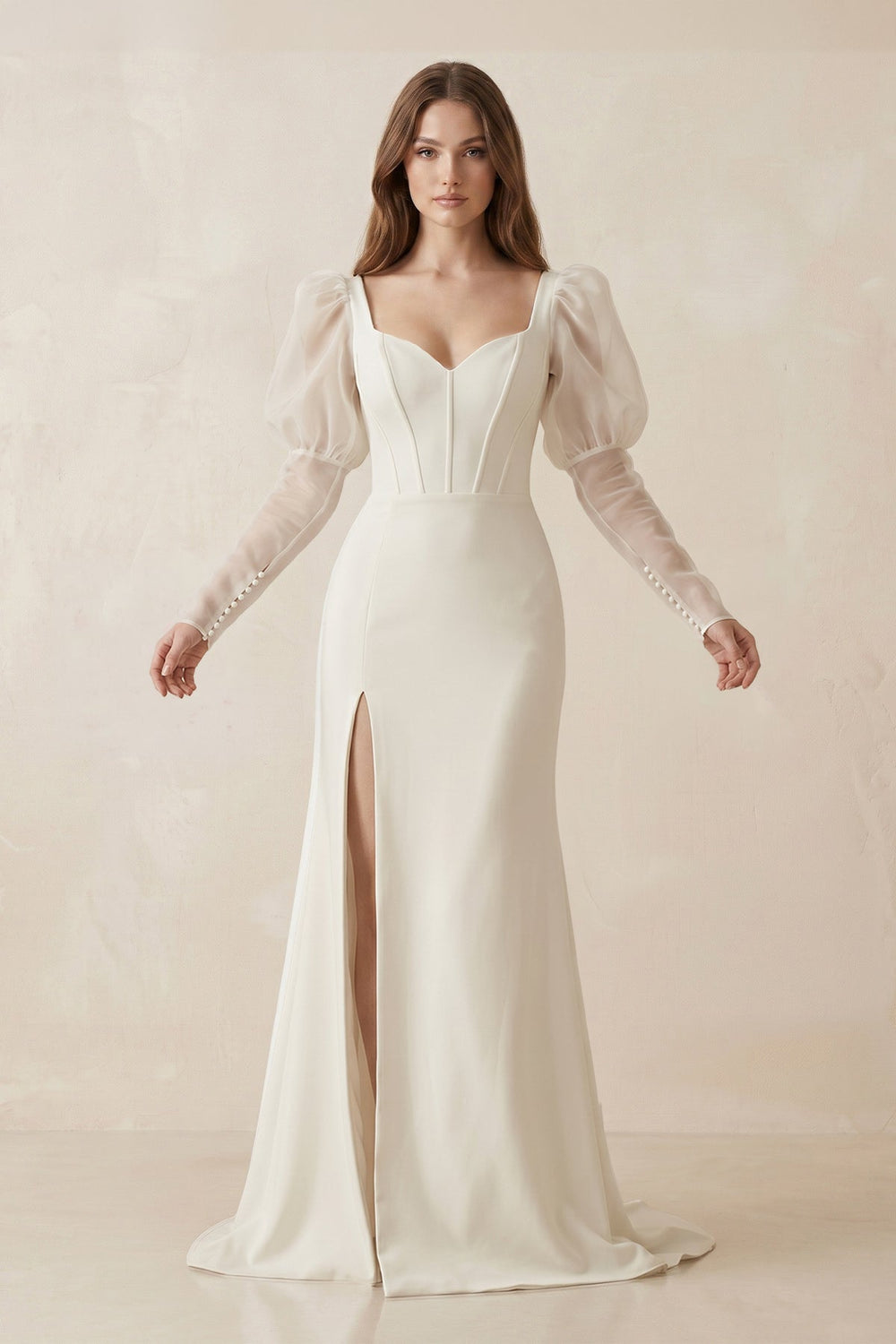 Mermaid Sweetheart Satin Long Sleeves Corset Wedding Dress in Ivory - KISS BRIDAL Wedding Dresses