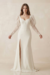 Mermaid Sweetheart Satin Long Sleeves Corset Wedding Dress in Ivory - KISS BRIDAL Wedding Dresses