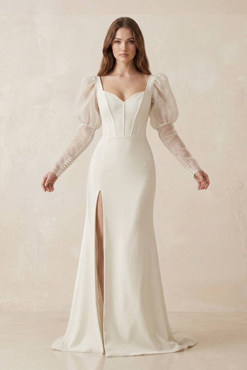 Mermaid Sweetheart Satin Long Sleeves Corset Wedding Dress in Ivory - SHE IS ME Wedding Dresses