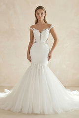 Mermaid Tulle Appliqued Off - the - Shoulder Wedding Dress in White - KISS BRIDAL Wedding Dresses
