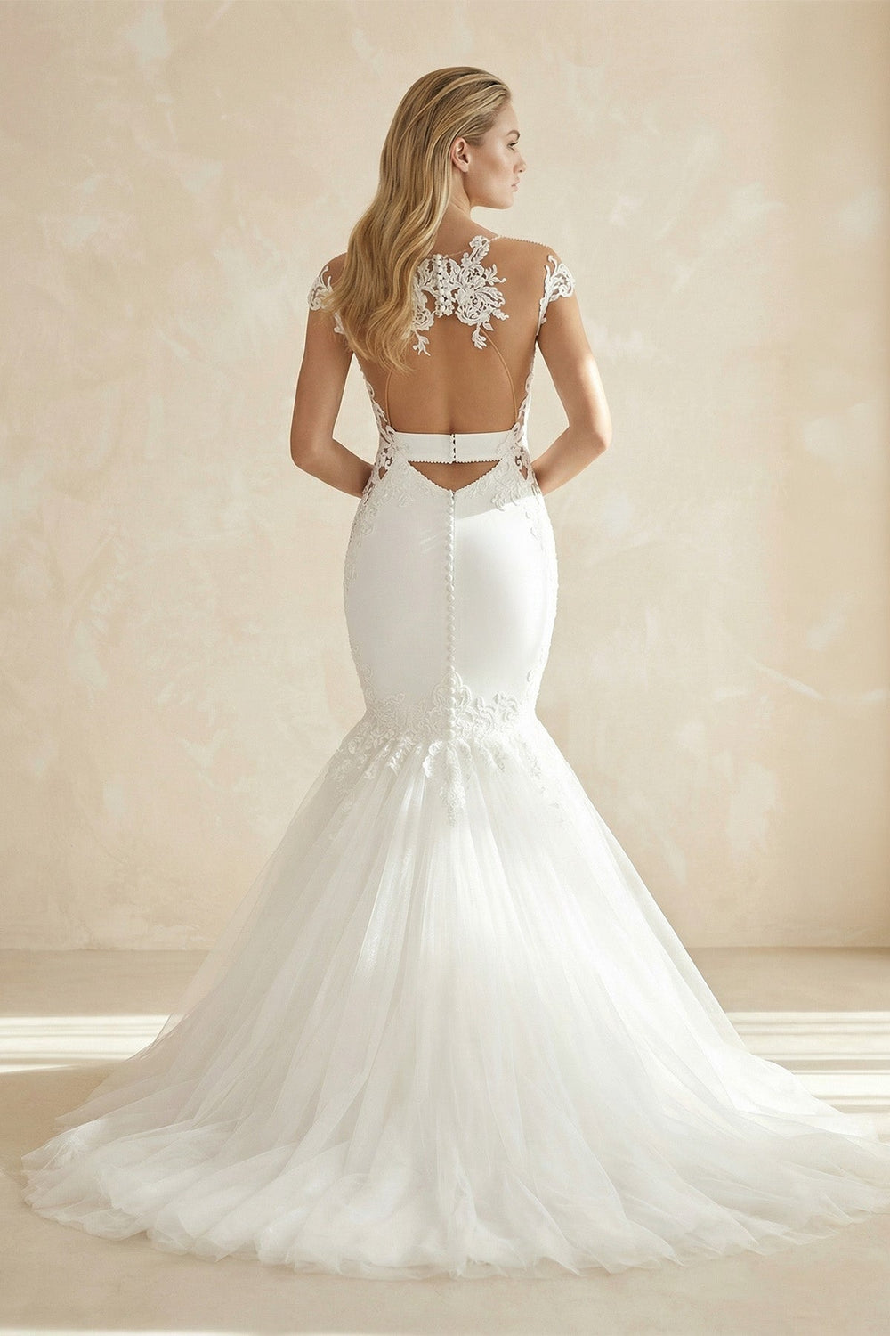 Mermaid Tulle Appliqued Off - the - Shoulder Wedding Dress in White - KISS BRIDAL Wedding Dresses