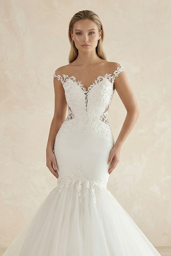 Mermaid Tulle Appliqued Off - the - Shoulder Wedding Dress in White - SHE IS ME Wedding Dresses