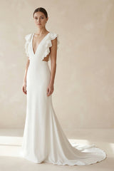 Mermaid V Neck Cap Sleeves Satin Wedding Dress in Ivory - KISS BRIDAL Wedding Dresses