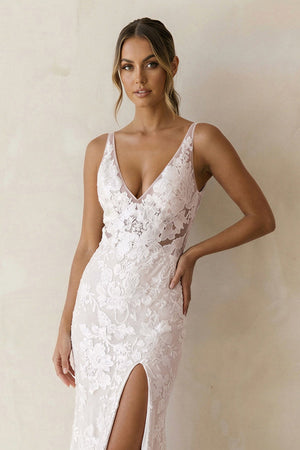 Mermaid V Neck Lace Wedding Dresses with Slit in White - SHE IS ME Wedding Dresses