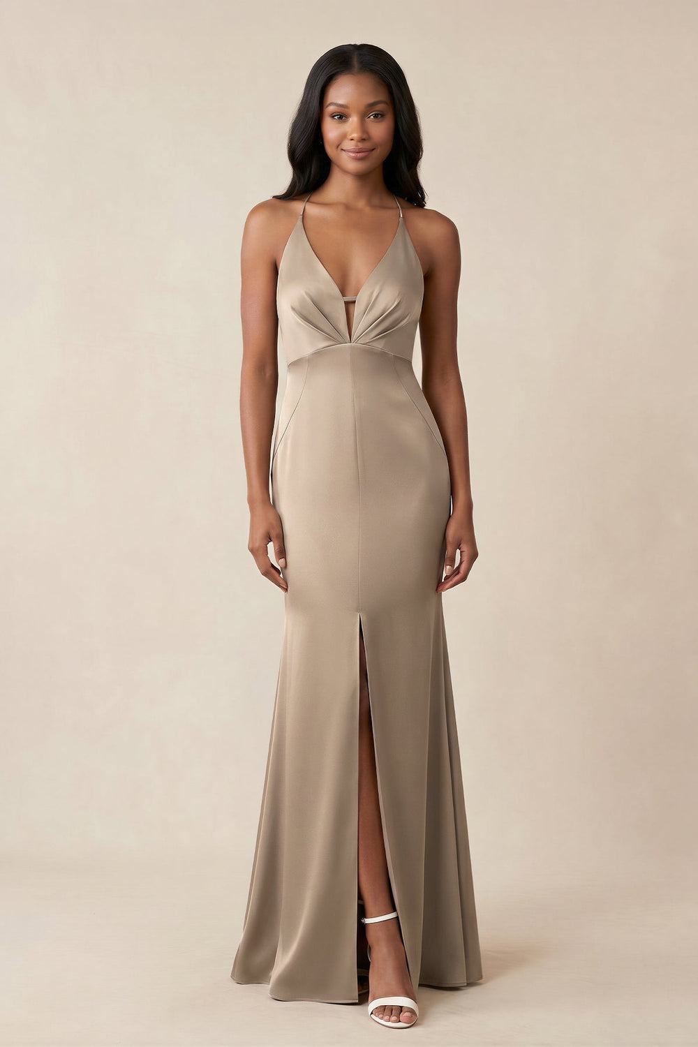 Mermaid V - Neck Satin Bridesmaid Dress With Slit in Almond - KISS BRIDAL Bridesmaid Dresses