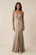 Mermaid V - Neck Satin Bridesmaid Dress With Slit in Almond - KISS BRIDAL Bridesmaid Dresses