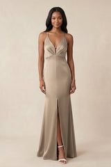 Mermaid V - Neck Satin Bridesmaid Dress With Slit in Almond - KISS BRIDAL Bridesmaid Dresses