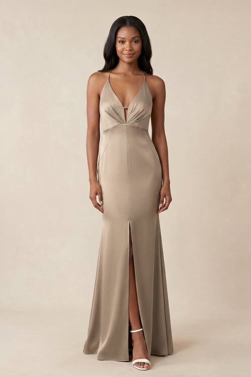 Mermaid V - Neck Satin Bridesmaid Dress With Slit in Almond - KISS BRIDAL Bridesmaid Dresses