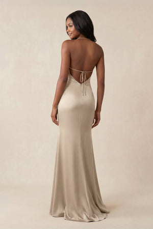 Mermaid V - Neck Satin Bridesmaid Dress With Slit in Almond - KISS BRIDAL Bridesmaid Dresses