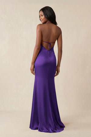 Mermaid V - Neck Satin Bridesmaid Dress With Slit in Amethyst - KISS BRIDAL Bridesmaid Dresses