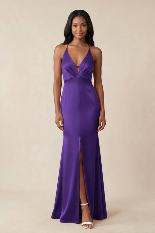 Mermaid V - Neck Satin Bridesmaid Dress With Slit in Amethyst - KISS BRIDAL Bridesmaid Dresses