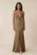 Mermaid V - Neck Satin Bridesmaid Dress With Slit in Apple Cinnamon - KISS BRIDAL Bridesmaid Dresses