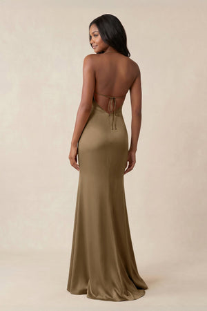 Mermaid V - Neck Satin Bridesmaid Dress With Slit in Apple Cinnamon - KISS BRIDAL Bridesmaid Dresses