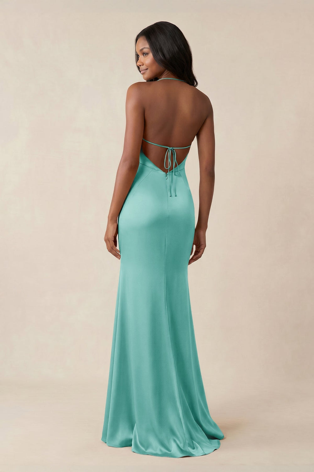 Mermaid V - Neck Satin Bridesmaid Dress With Slit in Aqua - KISS BRIDAL Bridesmaid Dresses