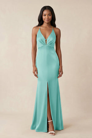 Mermaid V - Neck Satin Bridesmaid Dress With Slit in Aqua - KISS BRIDAL Bridesmaid Dresses