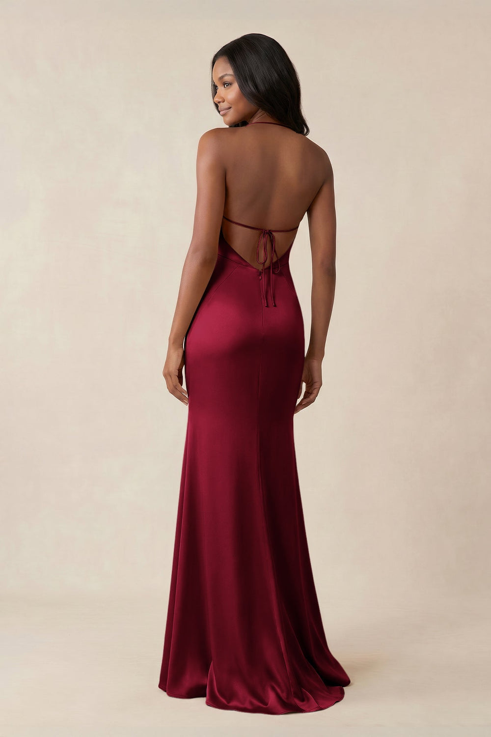 Mermaid V - Neck Satin Bridesmaid Dress With Slit in Berry - KISS BRIDAL Bridesmaid Dresses