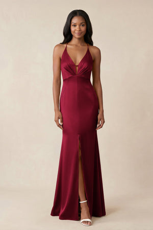Mermaid V - Neck Satin Bridesmaid Dress With Slit in Berry - KISS BRIDAL Bridesmaid Dresses