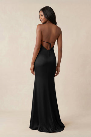 Mermaid V - Neck Satin Bridesmaid Dress With Slit in Black - KISS BRIDAL Bridesmaid Dresses