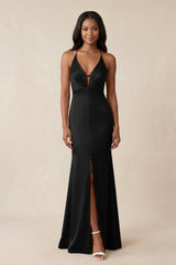 Mermaid V - Neck Satin Bridesmaid Dress With Slit in Black - KISS BRIDAL Bridesmaid Dresses