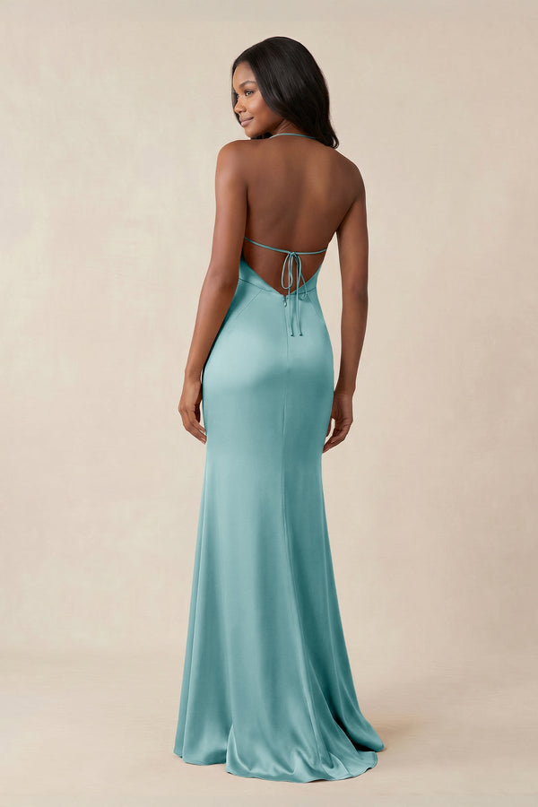 Mermaid V - Neck Satin Bridesmaid Dress With Slit in Bleached Aqua - KISS BRIDAL Bridesmaid Dresses