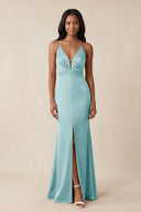 Mermaid V - Neck Satin Bridesmaid Dress With Slit in Bleached Aqua - KISS BRIDAL Bridesmaid Dresses