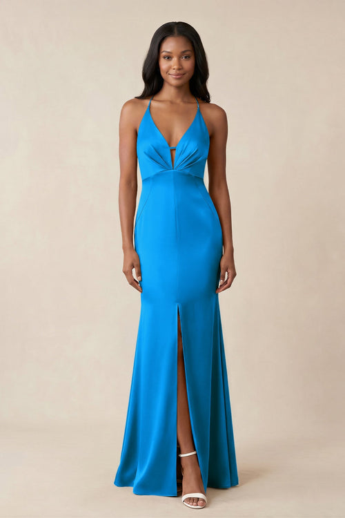 Mermaid V - Neck Satin Bridesmaid Dress With Slit in Blue Jay - KISS BRIDAL Bridesmaid Dresses