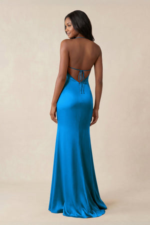 Mermaid V - Neck Satin Bridesmaid Dress With Slit in Blue Jay - KISS BRIDAL Bridesmaid Dresses