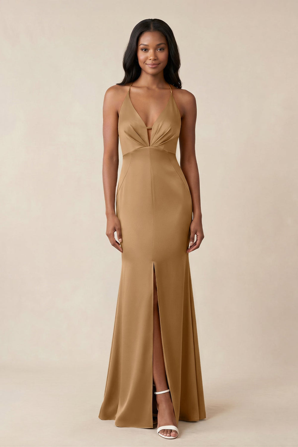 Mermaid V - Neck Satin Bridesmaid Dress With Slit in Bronzer - KISS BRIDAL Bridesmaid Dresses