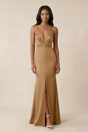Mermaid V - Neck Satin Bridesmaid Dress With Slit in Bronzer - KISS BRIDAL Bridesmaid Dresses
