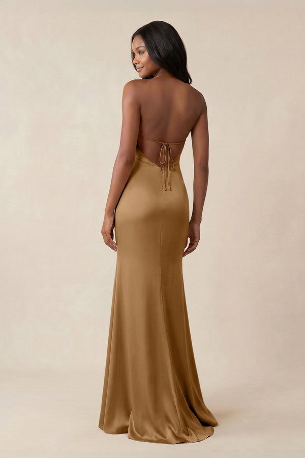 Mermaid V - Neck Satin Bridesmaid Dress With Slit in Bronzer - KISS BRIDAL Bridesmaid Dresses