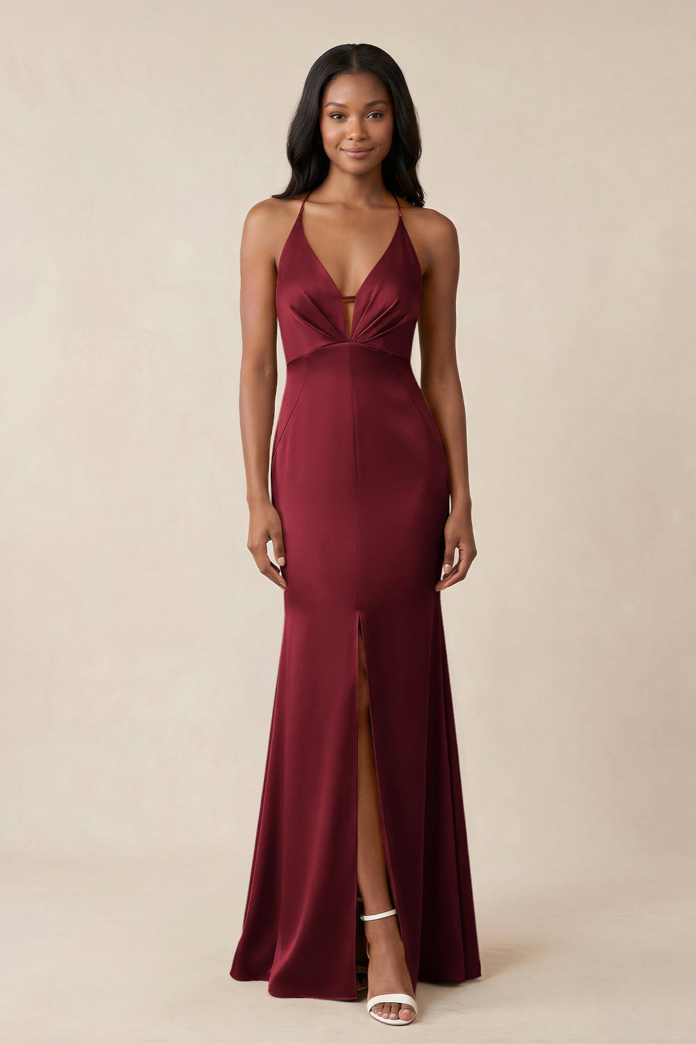 Mermaid V - Neck Satin Bridesmaid Dress With Slit in Burgundy - KISS BRIDAL Bridesmaid Dresses