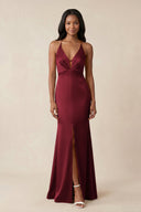 Mermaid V - Neck Satin Bridesmaid Dress With Slit in Burgundy - KISS BRIDAL Bridesmaid Dresses