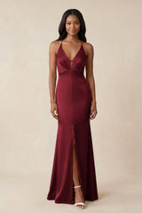 Mermaid V - Neck Satin Bridesmaid Dress With Slit in Burgundy - KISS BRIDAL Bridesmaid Dresses