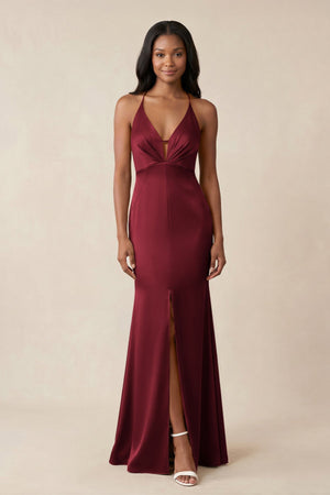 Mermaid V - Neck Satin Bridesmaid Dress With Slit in Burgundy - KISS BRIDAL Bridesmaid Dresses