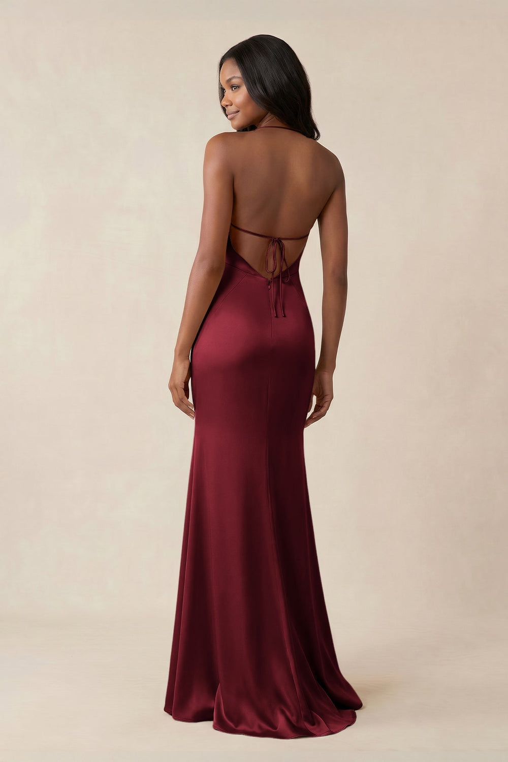 Mermaid V - Neck Satin Bridesmaid Dress With Slit in Burgundy - KISS BRIDAL Bridesmaid Dresses