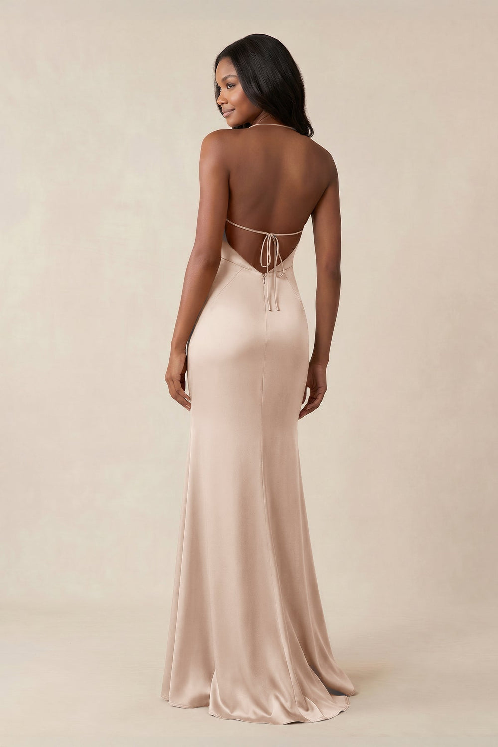 Mermaid V - Neck Satin Bridesmaid Dress With Slit in Buttercream - KISS BRIDAL Bridesmaid Dresses